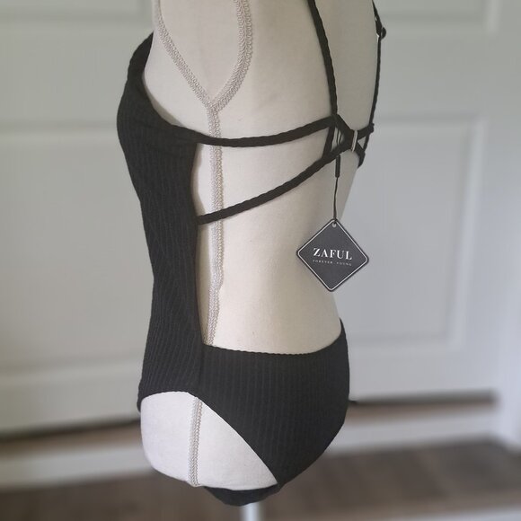 ZAful Ribbed One Piece Scoop Neck High Cut Spaghetti Strap Bathing Suit Lg NWT - Picture 4 of 9
